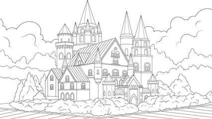 Vector illustration, old beautiful castle surrounded by trees