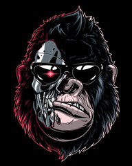 Vector illustration, ferocious gorilla cyborg in sunglasses. - obrazy, fototapety, plakaty