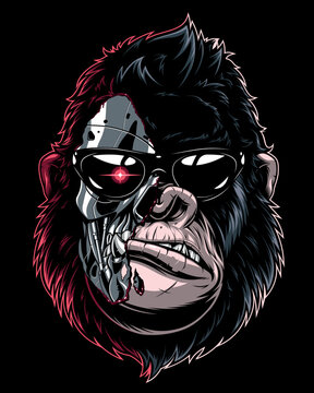 Vector illustration, ferocious gorilla cyborg in sunglasses.