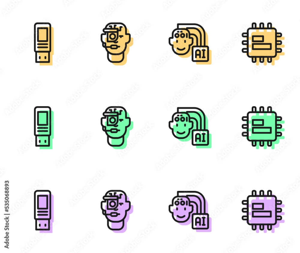 Poster set line humanoid robot, usb flash drive, smart glasses on spectacles and processor cpu icon. vector