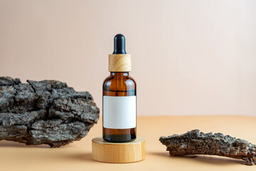 A mock-up of a brown cosmetics bottle with pipette and blank label on wooden podium with tree bark as decoration for cosmetics photography on beige background