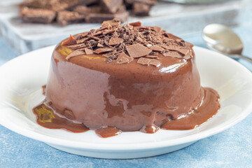 Chocolate dessert Panna Cotta on white plate, horizontal, closeup