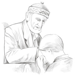 To celebrate the holiday, the boy kisses his grandfather's hand. Charcoal Drawing. Pencil Drawing. Engraving