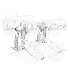 Farmers hoeing in the field. Charcoal Drawing. Pencil Drawing. Engraving
