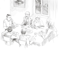 Family waiting for iftar in Ramadan. muslim family meal. Charcoal Drawing. Pencil Drawing. Engraving