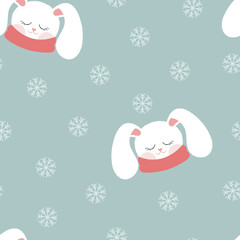 Seamless pattern with a rabbit in a scarf. Soft style. Cute animal. Snowfall.