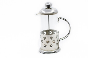 Glass french press. French press isolated on white background. Coffee pot. I drink filter coffee.
