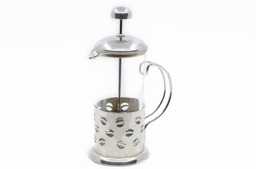 Glass french press. French press isolated on white background. Coffee pot. I drink filter coffee.
