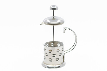 Glass french press. French press isolated on white background. Coffee pot. I drink filter coffee.
