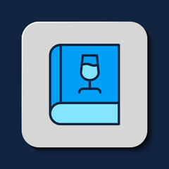 Filled outline Book about wine icon isolated on blue background. Wine glass icon. Wineglass sign. Vector