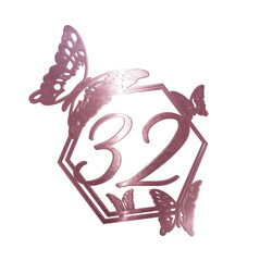 3d illustration number 32 rose gold with butterflies birthday
