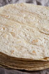 Homemade Wheat Flour Tortillas in a Stack, low angle view. Close-up.