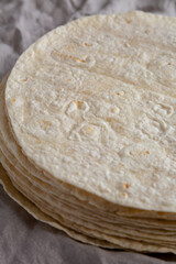 Homemade Wheat Flour Tortillas in a Stack, low angle view.