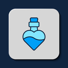 Filled outline Bottle with love potion icon isolated on blue background. Happy Valentines day. Vector