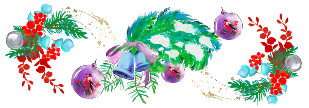 Christmas, New year, Holiday illustration. Christmas tree, balls, bells, ribbons.