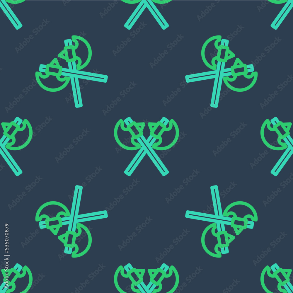 Poster line crossed medieval axes icon isolated seamless pattern on blue background. battle axe, executione