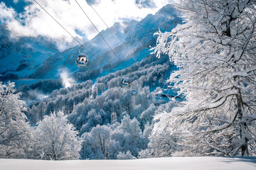 Winter Mountain landscape at the Rosa Khutor ski resort in Sochi, Russia. Trees in hoarfrost...