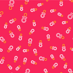 Line Baby dummy pacifier icon isolated seamless pattern on red background. Toy of a child. Vector