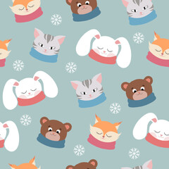 Seamless pattern with animals in scarves. Soft style. Cute animals. Rabbit, fox, cat and bear. Snowfall.