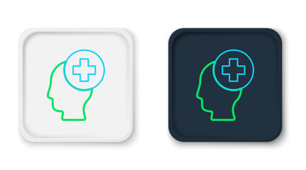 Line Male head with hospital icon isolated on white background. Head with mental health, healthcare and medical sign. Colorful outline concept. Vector