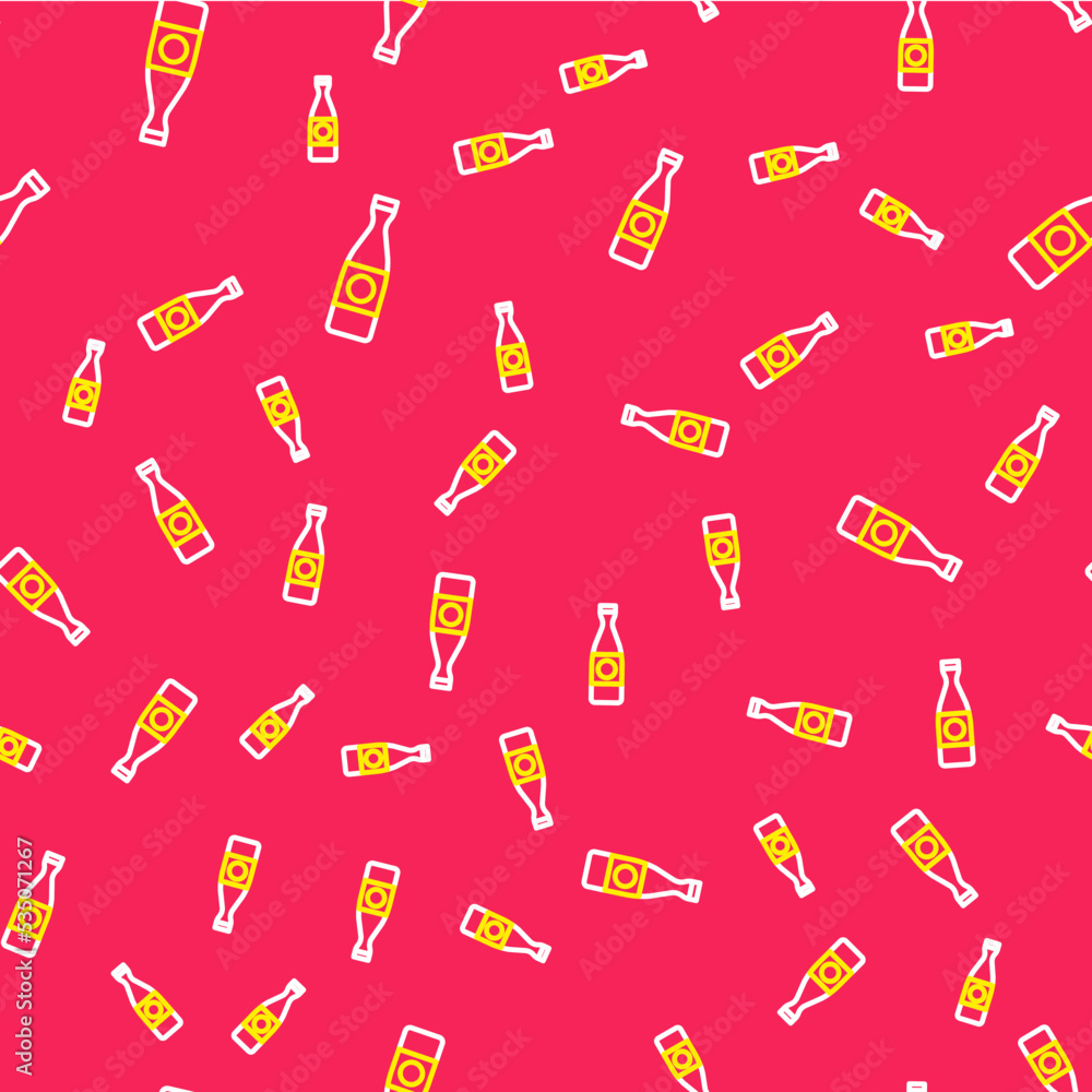 Poster line beer bottle icon isolated seamless pattern on red background. vector