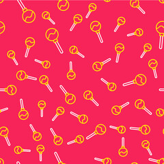 Line Lollipop icon isolated seamless pattern on red background. Food, delicious symbol. Happy Halloween party. Vector