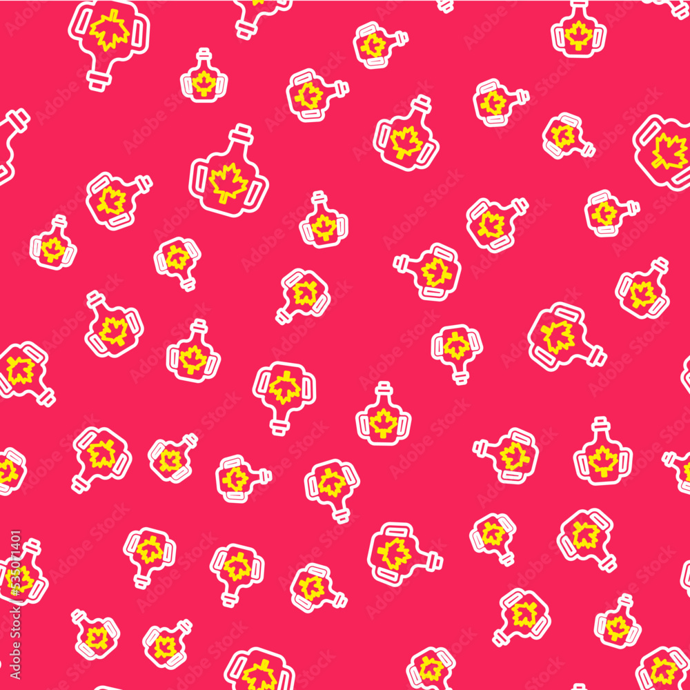 Poster line bottle of maple syrup icon isolated seamless pattern on red background. vector