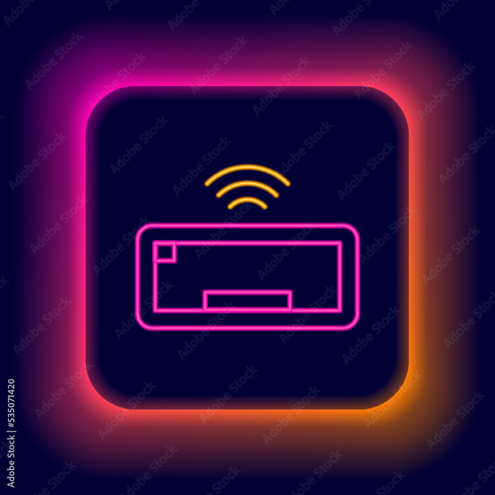 Poster glowing neon line computer keyboard icon isolated on black background. pc component sign. colorful o