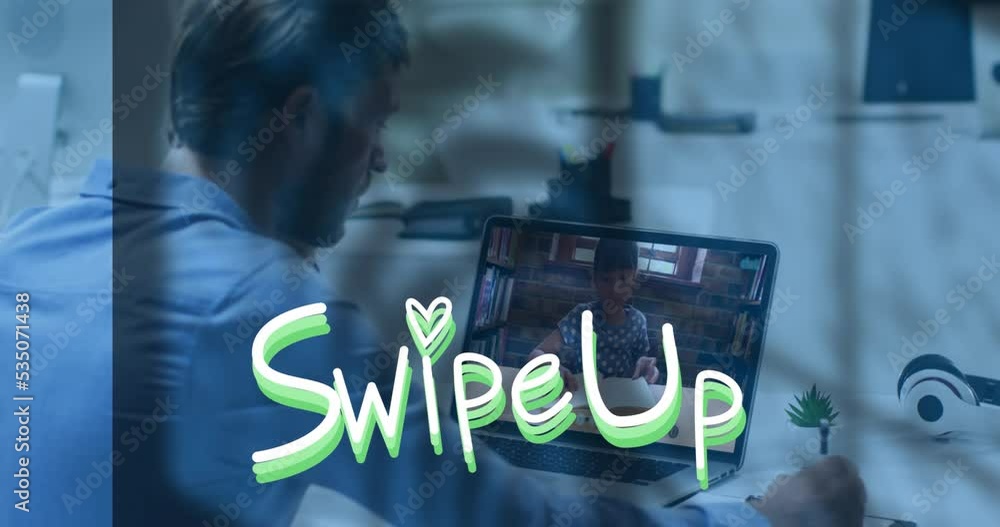 Poster animation of swipe up text over caucasian man having video call