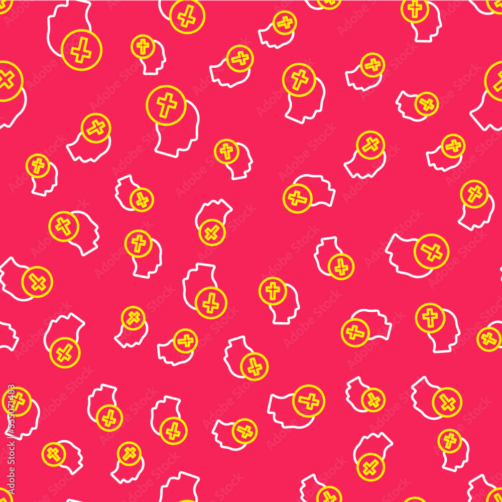 Poster line priest icon isolated seamless pattern on red background. vector