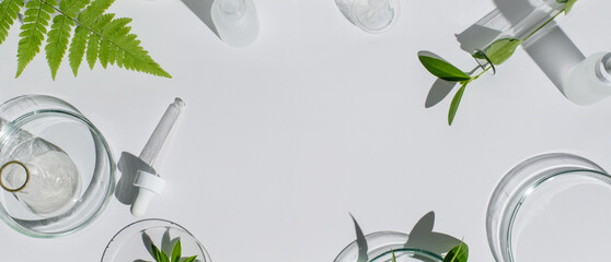 Banner Laboratory glassware, Petri dishes,cosmetic glass bottles on white background. Natural...