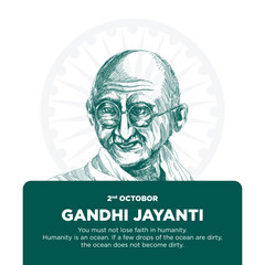 Holiday, India, Mahatma Gandhi's birthday, October 2, illustration of mahatma gandhi, international day of non violence, banner, post, brochure, Happy Gandhi Jayanti, social media content, template.