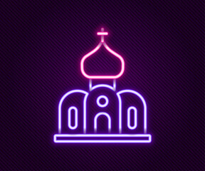 Glowing neon line Church building icon isolated on black background. Christian Church. Religion of church. Colorful outline concept. Vector