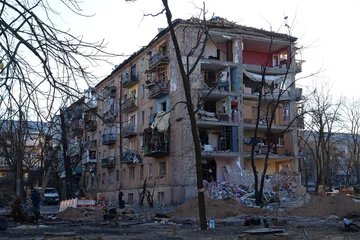 Zelfklevend Fotobehang Russian terrorist army dropped missile and destroyed building, killed civilians © Harmony Video Pro