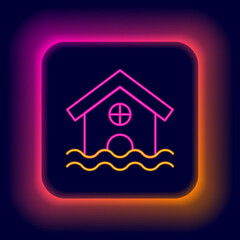 Glowing neon line House flood icon isolated on black background. Home flooding under water. Insurance concept. Security, safety, protection, protect concept. Colorful outline concept. Vector