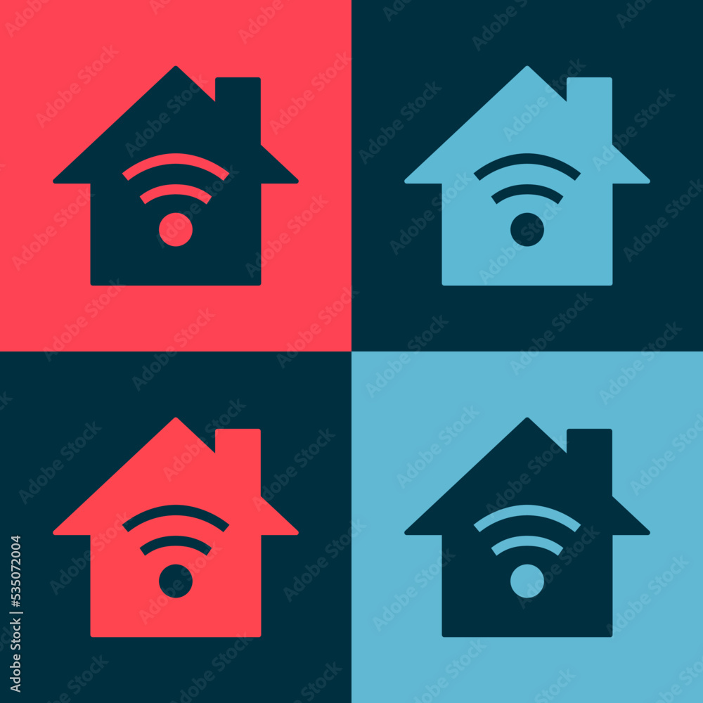 Poster pop art smart home with wi-fi icon isolated on color background. remote control. vector