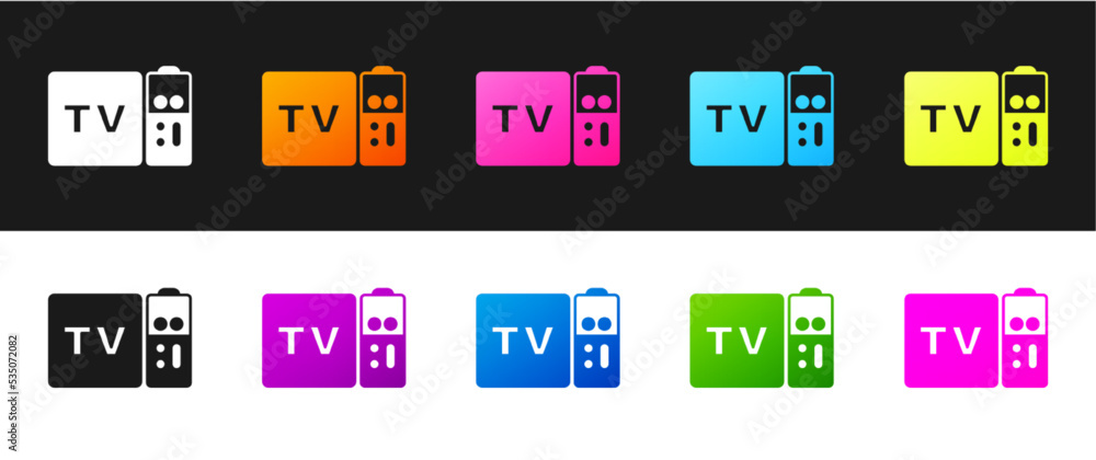 Poster set multimedia and tv box receiver and player with remote controller icon isolated on black and whit