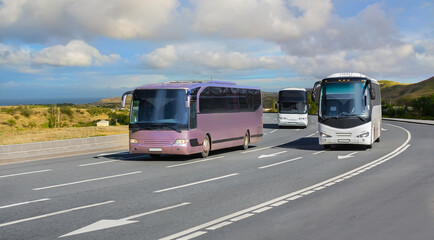 Buses Moving on a Wide Country Highway