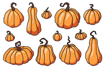Set of cute pumpkins, different shapes. Hand drawn elements, cartoon style.