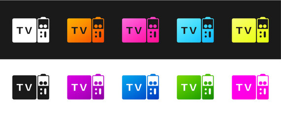 Set Multimedia and TV box receiver and player with remote controller icon isolated on black and white background. Vector