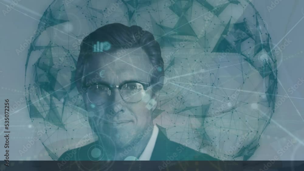Poster animation of data processing over caucasian businessman and shapes
