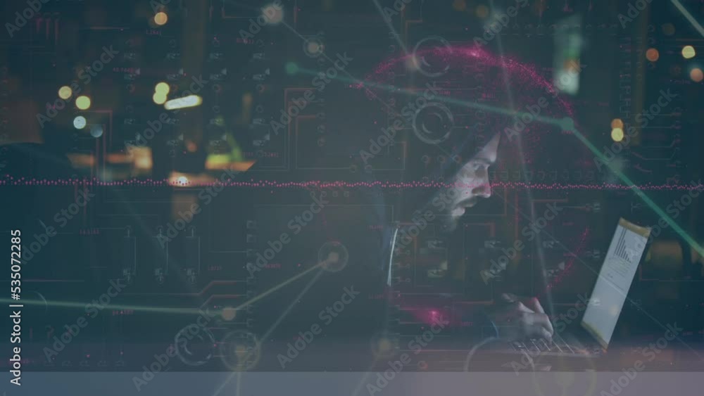 Poster animation of data processing over caucasian man using laptop