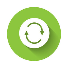 White Recycle symbol icon isolated with long shadow background. Circular arrow icon. Environment recyclable go green. Green circle button. Vector