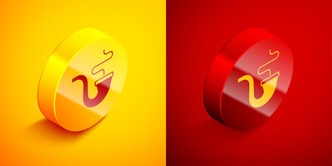 Isometric Smoking pipe with smoke icon isolated on orange and red background. Tobacco pipe. Circle button. Vector