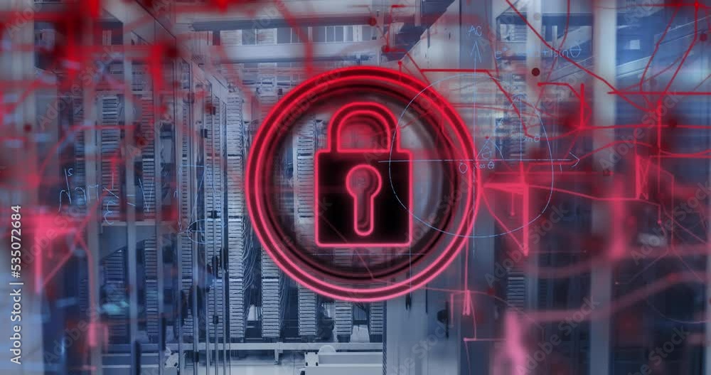 Poster animation of data processing and padlock over server room