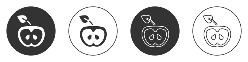 Black Apple icon isolated on white background. Excess weight. Healthy diet menu. Fitness diet apple. Circle button. Vector