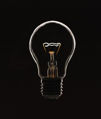 A glowing electric light bulb in a counter light on a black background