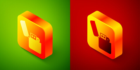 Isometric Lighter icon isolated on green and red background. Square button. Vector