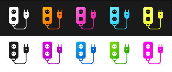 Set Electric extension cord icon isolated on black and white background. Power plug socket. Vector