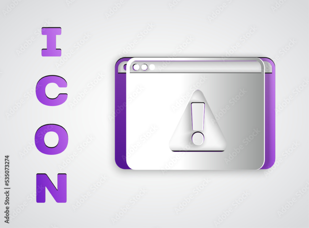 Poster paper cut browser with exclamation mark icon isolated on grey background. alert message smartphone n